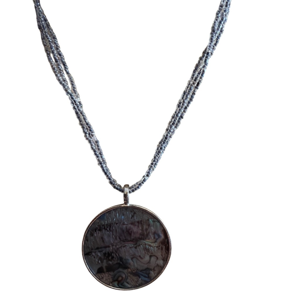 Abalone Shell Pendant Multi Strand Seed Bead Necklace Silver Tone Grey Boho